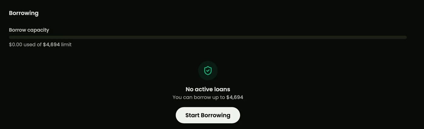 The borrowing panel: a borrow capacity bar reading $0.00 used of a $4,694 limit, and a No active loans state with a Start Borrowing button.