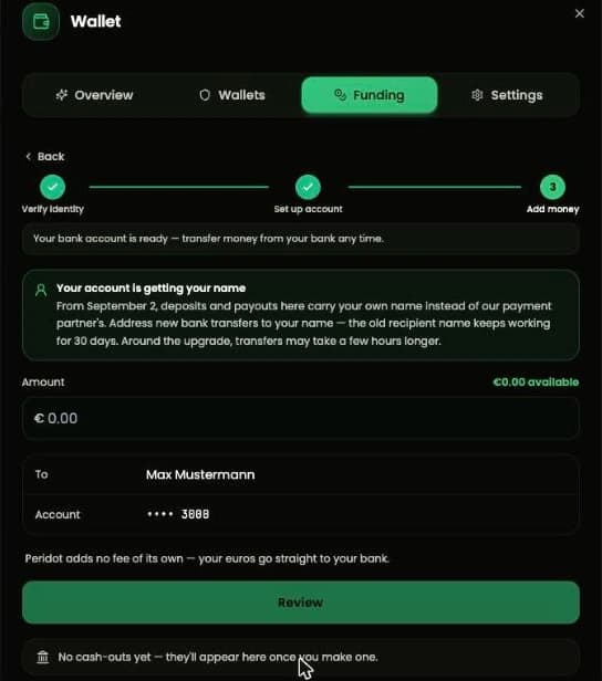 The cash-out amount screen showing the destination account and the fee line.