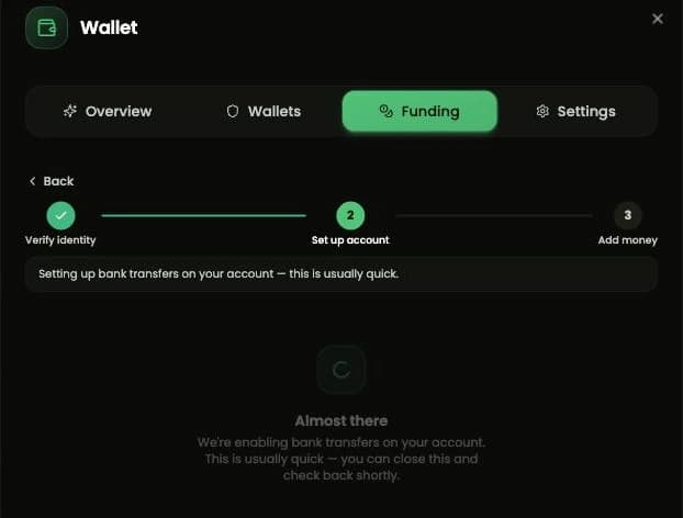 Step 2 of 3, showing that bank transfers are being enabled on the account.