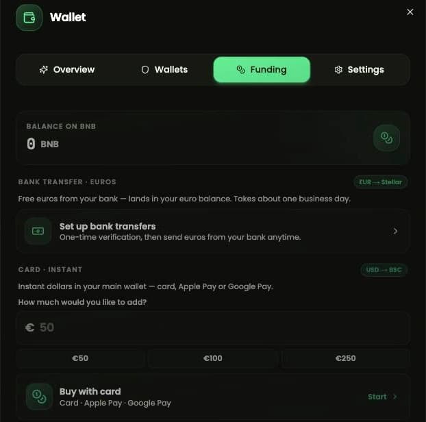 The Funding tab of the wallet dialog, offering bank transfer in euros and instant card funding.