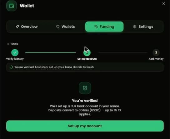 The verified state, explaining that a EUR bank account will be opened in the user's name.